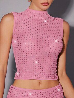 Pink Sexy Party Women's Mock Neck Fixed Rhinestone Double Layer Mesh Tank Top